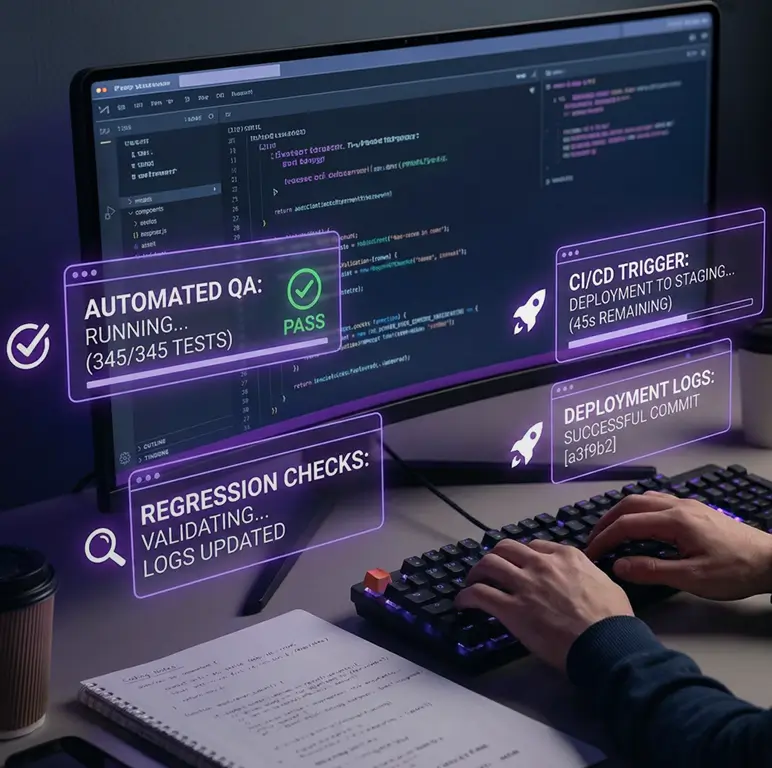 Developer running automated QA tests, regression checks, and CI/CD deployment processes displayed on interactive system overlays.