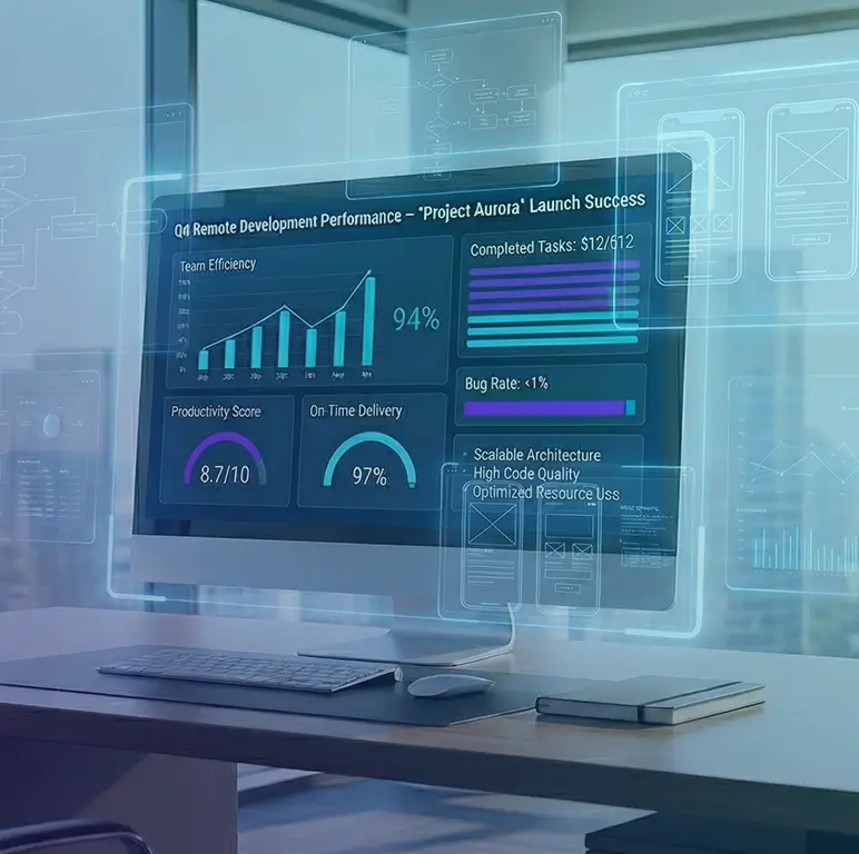 A desktop monitor displaying performance metrics, productivity charts, and project analytics with UI elements