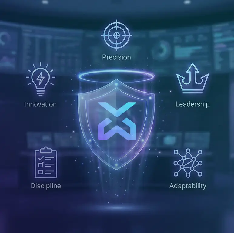 Futuristic VANX emblem displayed on a digital shield surrounded by icons representing innovation, precision, leadership, discipline, and adaptability.