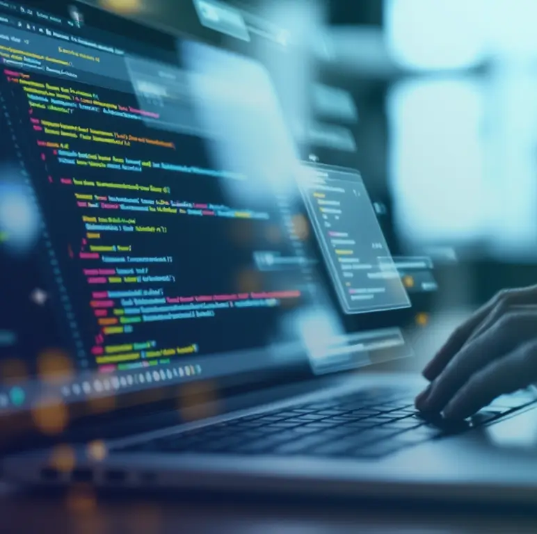 Close-up of hands typing on a laptop with bright code and workflow windows displayed on the screen.
