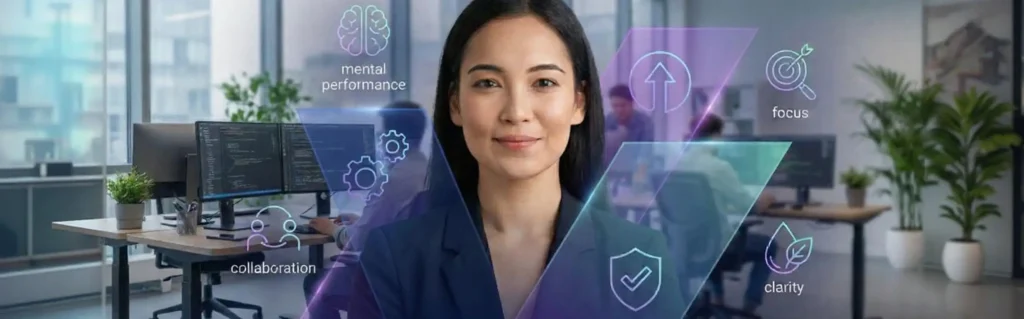 Confident professional in an engineering office environment with visual icons representing mental performance, clarity, focus, and collaboration.